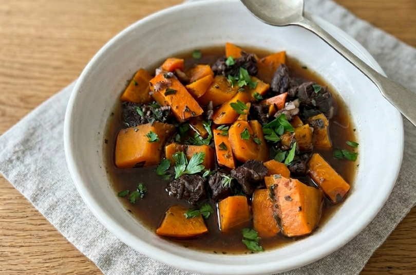 G’schmorte Kalbsbäckerl mit Maroni und Kürbisgulasch